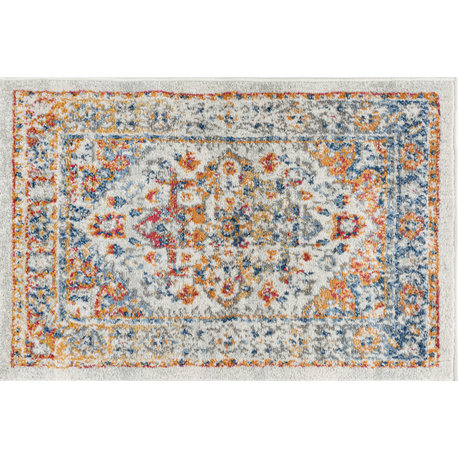 Adilene Transitional Oriental Cream Gray Indoor Scatter Mat Rug 2x3