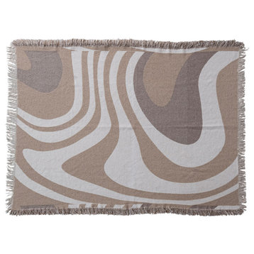 Woven Reclaimed Cotton Blend Throw With Wave Design and Fringe, Brown and Beige