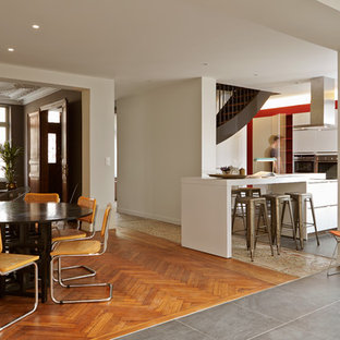 リールの広いエクレクティックスタイルのLDKの画像 (白い壁、無垢フローリング)