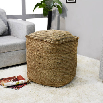Contemporary Handmade Jute Pouf, 18x18x18 Round