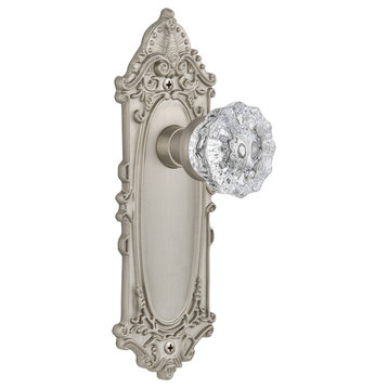 Victorian Plate Privacy Crystal Glass Door Knob, Satin Nickel