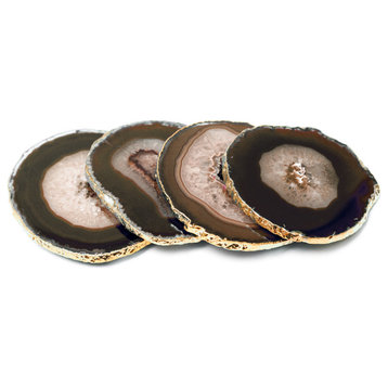 Modern Home Set of 4 Natural Agate Stone Coasters - Natural w/Gold Edge