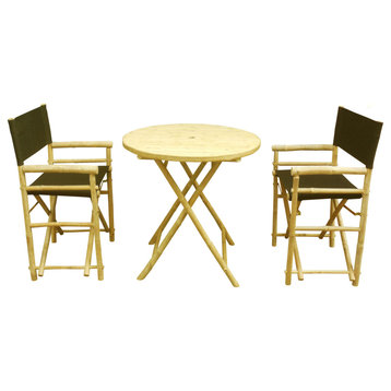 Bamboo Set of 2 Director Chairs and 1 Round Bamboo Table, Black
