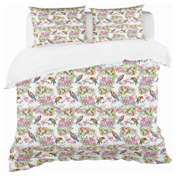 Pattern With Flowers and Birds Cabin and Lodge Duvet Cover, Twin