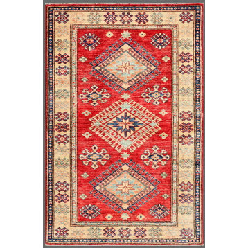 Pasargad Kazak Collection Hand-Knotted Lamb's Wool Area Rug, 3'2"x4'9"