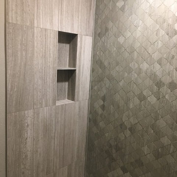 BATHROOM - Gray Limestone Tile - Arabesque Mosaic, 4x12 Herring Bone 8x12 Plank
