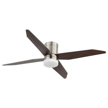 52" 4-Blade Flush Mount LED Ceiling Fan With Remote and Light, Nickel