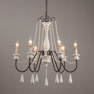 French Country Candle-Style Swag Wooden Bead Chandelier, White, 6-Light