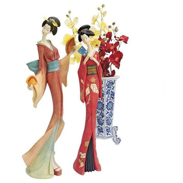 Japanese Maiko Geisha Fan Dancer Statues - Set of 2