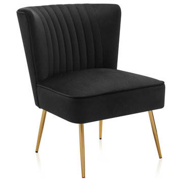 Modern Velvet Accent Chair With Metallic Legs And Channel Tufting, Black