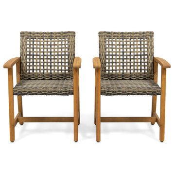 Clementine Outdoor Acacia Wood and Wicker Dining Chair, Set of 2