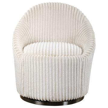 Elegant Fluted Ivory Chenille Swivel Chair Ribbed Channel Back Soft White Plush