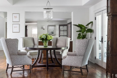 Great room - mid-sized traditional brown floor and dark wood floor great room idea in San Francisco with no fireplace and white walls
