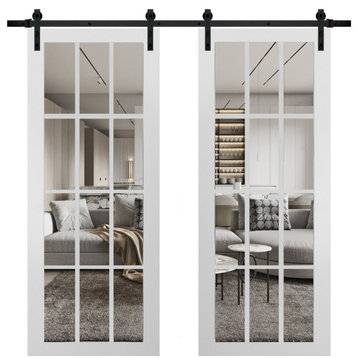 Double Barn Door 36 x 96 With Clear Glass, Felicia 3355 Matte White, 13FT Kit