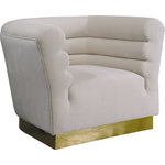 Meridian Furniture - Bellini Velvet Upholstered Chair, Cream - Add a bit of pizzazz to your living space with this Bellini Cream Velvet Chair from Meridian Furniture. Rich cream velvet upholstery offers you a luxurious place to curl up with a good book or rest in front of the TV after a long day, while horizontal channel tufting creates texture and style. Its gold stainless steel base provides solid support, while adding to the chair's contemporary appearance. Its uniquely curved shape makes this piece a perfect addition to any room in your modern home.