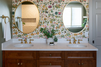 Inspiration for a large timeless master white tile and ceramic tile porcelain tile and double-sink bathroom remodel in Boston with shaker cabinets, dark wood cabinets, green walls, an undermount sink, quartz countertops, a hinged shower door, white countertops and a built-in vanity