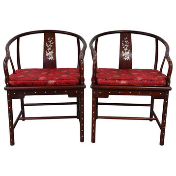 Consigned Chinese Antique Horseshoe Back Armchairs With Mother of Pearl, Set of