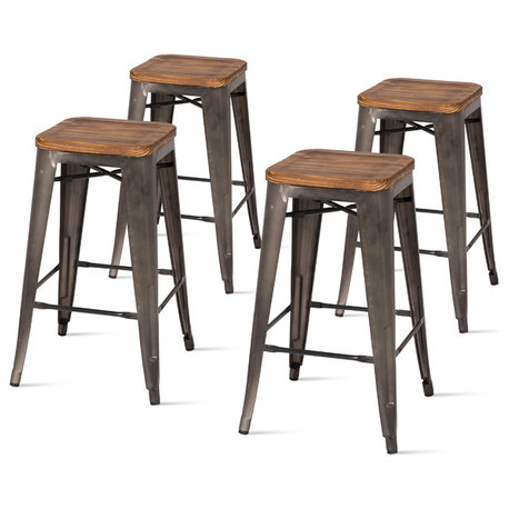 Metropolis Backless Stool, Set of 4, Gunmetal, Counter Stool, Wooden