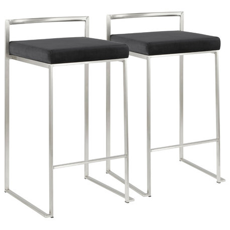 Lumisource Fuji Counter Stool, Stainless Steel, Black Velvet, Set of 2