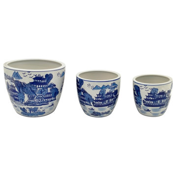 Ceramic Set of 3 6/8/10" Chinoiserie Planters, Blue/White