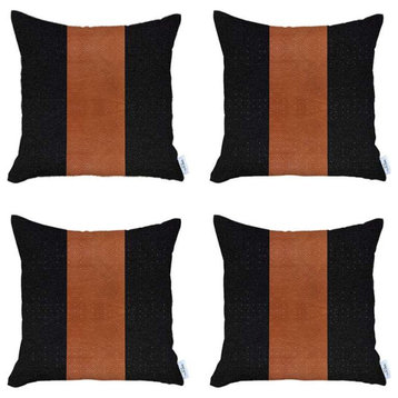 Set of 4 Black And Brown Faux Leather Pillow Covers
