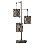 StyleCraft Home Collection - Metal and Rattan Contemporary Table Lamp in Bronze Finish - This smart and stylish contemporary table lamp features a trio of lights with cage shade motifs to capture its elegant vision. Made with a center rod design, this light showcases bronze finish metal framing in a set of square outer shades that house beige diffusers to add to its intrigue. It's a tabletop favorite for creative contemporary interior design enthusiasts.