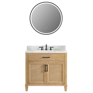 Solana Bathroom Vanity with Calacatta White Quartz Stone Countertop, Weathered Fir, 36", With Mirror