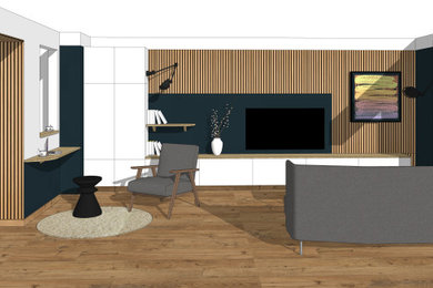 Aménagement d'un salon moderne avec un mur bleu, parquet clair et du lambris de bois.