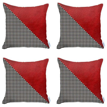 Set of 4 Houndstooth Red Faux Leather Pillow Covers