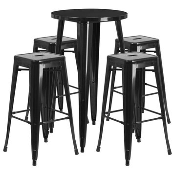 5-Piece 24" Round Metal Bar Table Set, Black