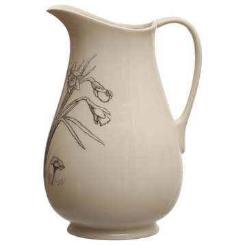 6.5 Inches 2-Quart Stoneware Pitcher With Flower Design, White and Charcoal