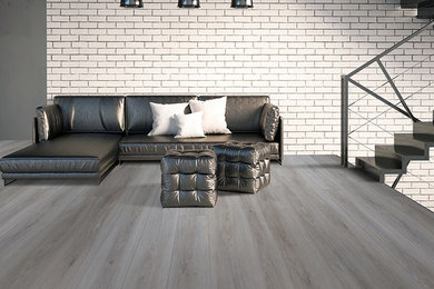 Living room - industrial vinyl floor and gray floor living room idea in Montreal