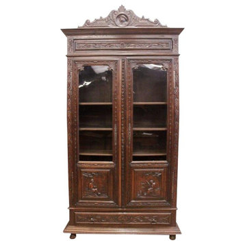 Consigned Bookcase Brittany Antique French 1880 Carved Country People Figures