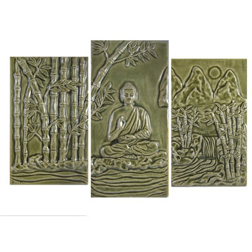 Buddha Bamboo Grove  Ceramic Tile Mural, Back Splash, Set of 3 Tiles