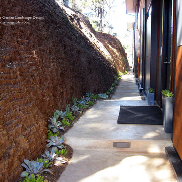 Dramatic Planting Design For A Steep Slope and Succulents Adorn Rock Wall Base