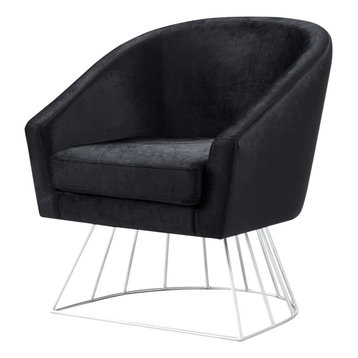 Alice Velvet Barrel Accent Chair With Metal Base, Black and Silver
