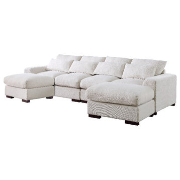 Reversible Modular Sectional Fabric Sofa With Two Ottoman-Beige
