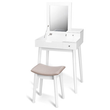 Costway Vanity Dressing Table Set  Mirror Desk Furniture W/ 2 Drawer White