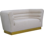 Meridian Furniture - Bellini Velvet Upholstered Loveseat, Cream - Add a bit of pizzazz to your living space with this Bellini Cream Velvet Loveseat from Meridian Furniture. Rich cream velvet upholstery offers you a luxurious place to curl up with a good book or rest in front of the TV after a long day, while horizontal channel tufting creates texture and style. Its gold stainless steel base provides solid support, while adding to the loveseat's contemporary appearance. Its uniquely curved shape makes this piece a perfect addition to any room in your modern home.