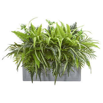 Mixed Greens and Fern Artificial in Stone Planter
