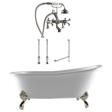 67" Cast Iron Clawfoot Slipper Tub with Deck Mount Plumbing Package, Brushed Nickel
