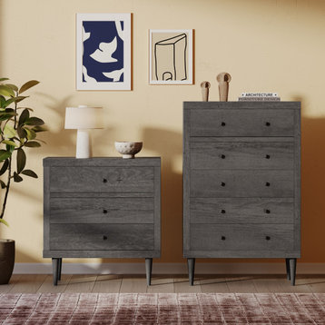 Farhart Mid Century Modern 2-Piece Drawer Chest and Drawer Dresser Set, Gray Maple