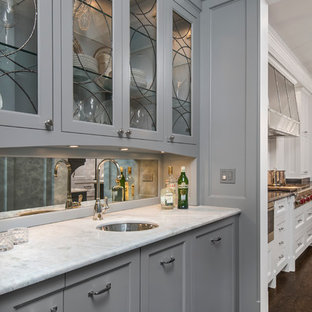 シカゴの小さいトラディショナルスタイルのおしゃれなウェットバー (アンダーカウンターシンク、家具調キャビネット、グレーのキャビネット、濃色無垢フローリング、ミラータイルのキッチンパネル) の写真