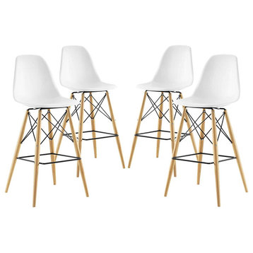 4 Pack Bar Stool, Natural Legs With Black X-Brace Support and Plastic Seat, Whit