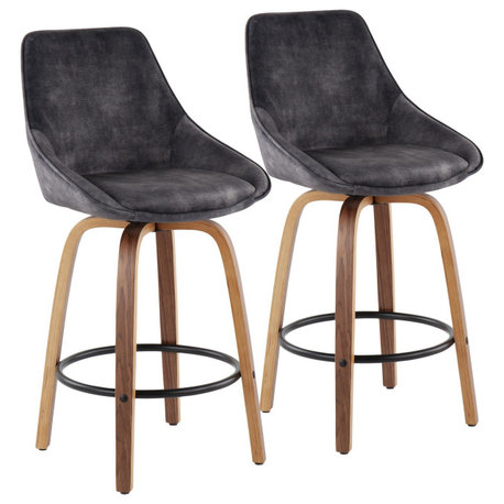 Diana Counter Stools, Set of 2, Walnut Wood/Gray Velvet