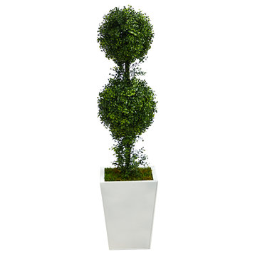 3.5' Boxwood Double Topiary Artificial Tree, White Planter Indoor/Outdoor