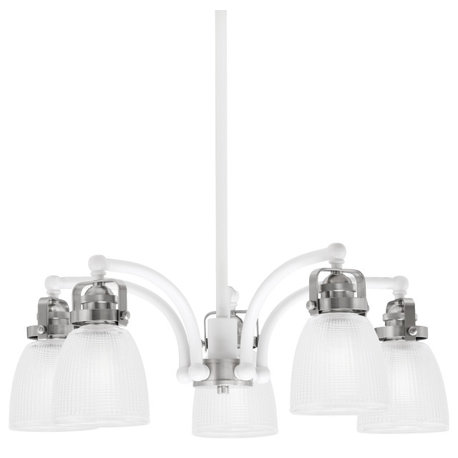 Easton, 5 Light, Chandelier, White & Brushed Nickel, 5" Clear Ribbed