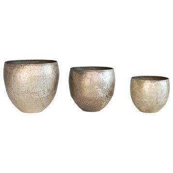 Various Round Metal Planters, Distressed Pewter, Holds 6", 5", 4" Pots, Set of 3