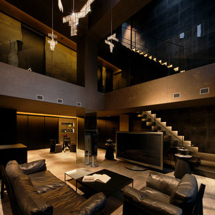 This is an example of a modern open plan home cinema in Osaka with grey walls, ceramic flooring and grey floors.