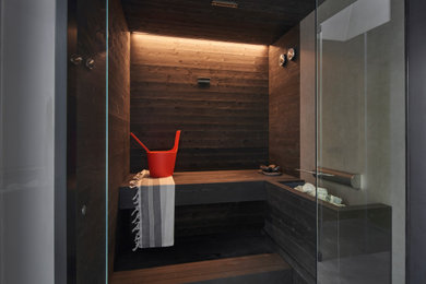 Modelo de cuarto de baño doble y flotante contemporáneo con armarios con paneles lisos, puertas de armario blancas, encimera de acrílico y encimeras blancas